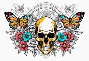 Large scorpion with a skull, flowers, and butterflies tattoo idea