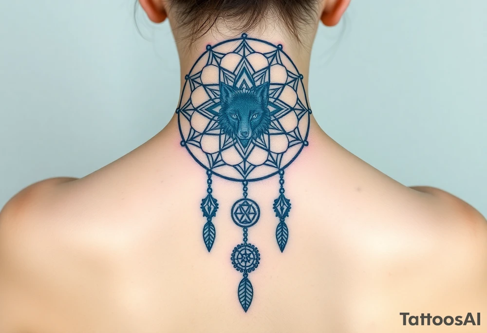 Dreamcatcher with zodiac symbols and protection runes caught in it with wolf teal tattoo idea