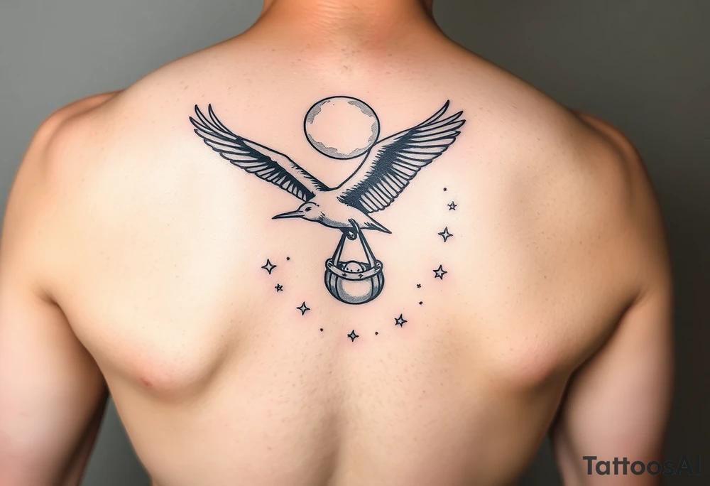 Stork flying with baby bundle towards moon, stars tattoo idea