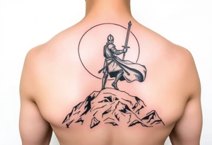 Powerful knight on the hillside sun in the background tattoo idea