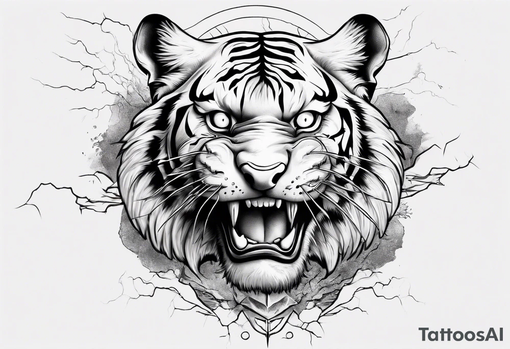 ancient Tiger with lightning and a sun for a forearm sleeve tattoo idea
