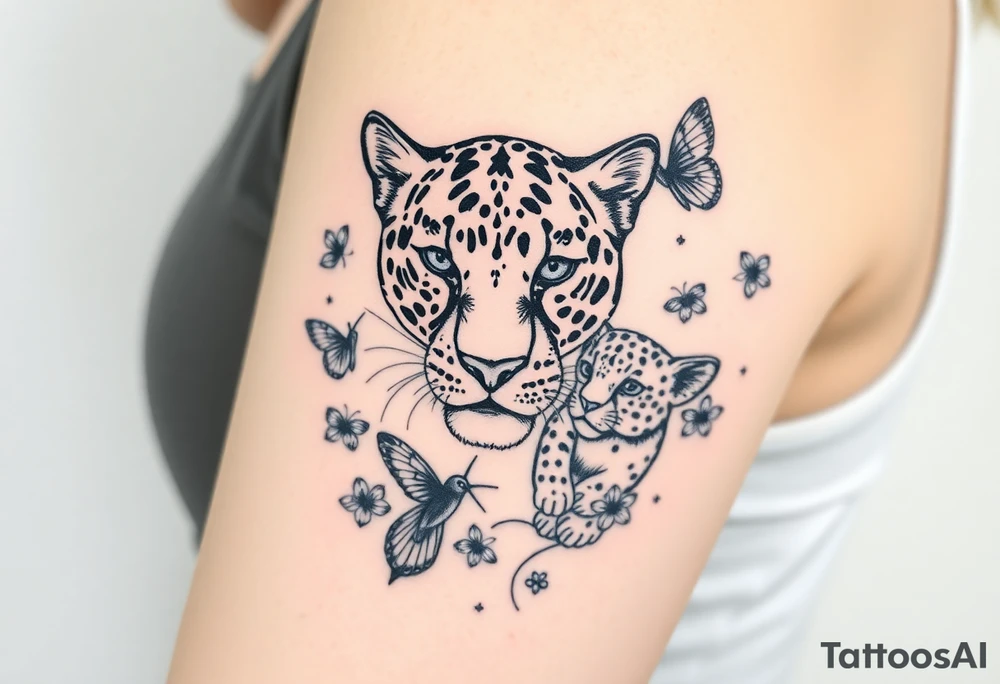 head of 3 jaguars (1 mother and 2 cubs) surrounded by butterflies and hummingbirds in new old school style tattoo idea