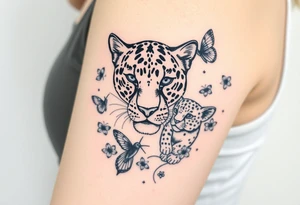 head of 3 jaguars (1 mother and 2 cubs) surrounded by butterflies and hummingbirds in new old school style tattoo idea