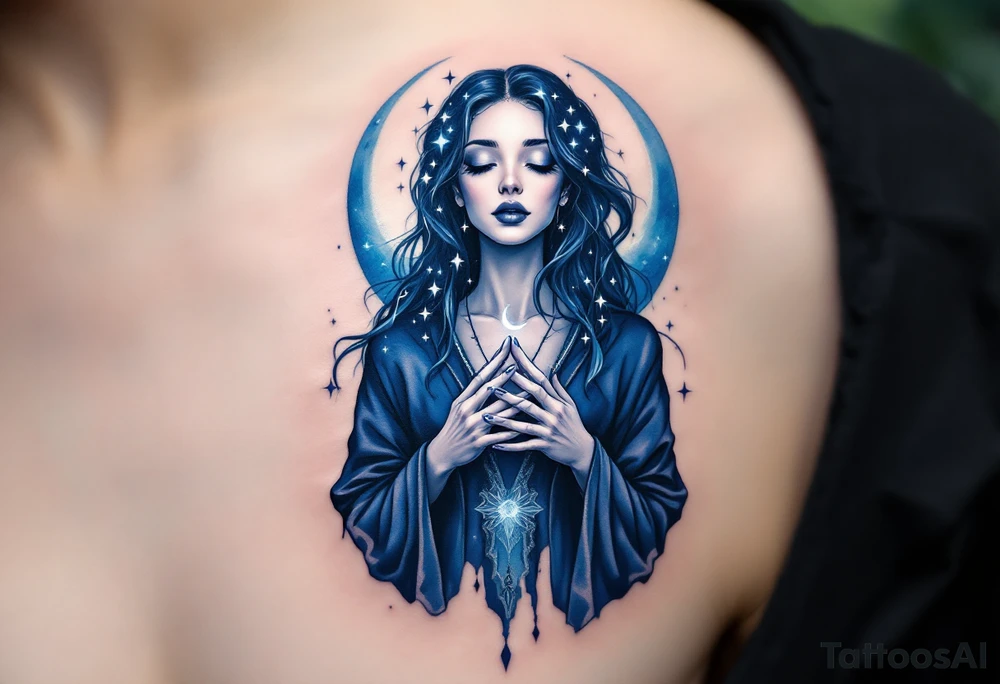 Moon Goddess – A pale-skinned woman in indigo robes, cradling a crescent moon in glowing silver, with dark blue stars across her long hair. tattoo idea