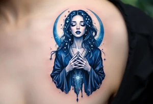 Moon Goddess – A pale-skinned woman in indigo robes, cradling a crescent moon in glowing silver, with dark blue stars across her long hair. tattoo idea