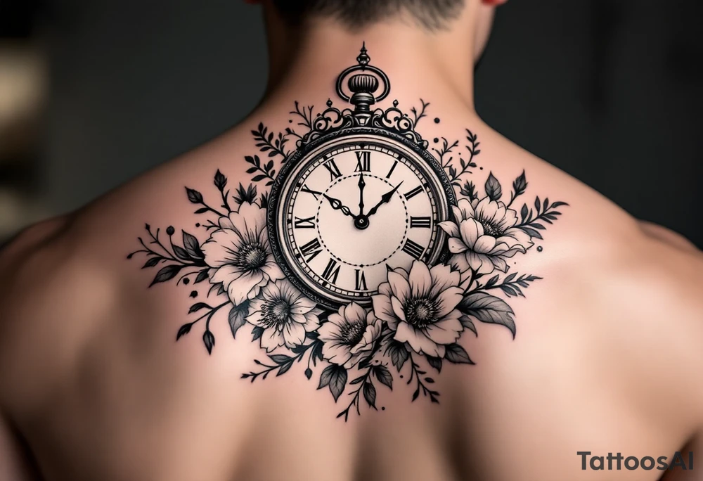 Clock and flowers tattoo idea