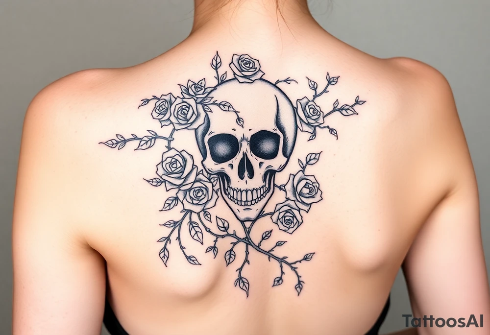 gothic skull intertwined with climbing roses and thorny vines tattoo idea