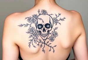 gothic skull intertwined with climbing roses and thorny vines tattoo idea