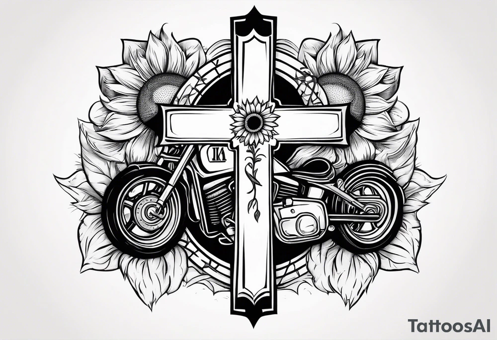 A central cross with the names Kyle Peter Lori on it with lighting a motorcycle and a sunflower around it tattoo idea