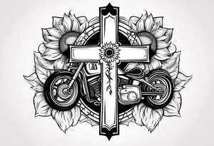 A central cross with the names Kyle Peter Lori on it with lighting a motorcycle and a sunflower around it tattoo idea