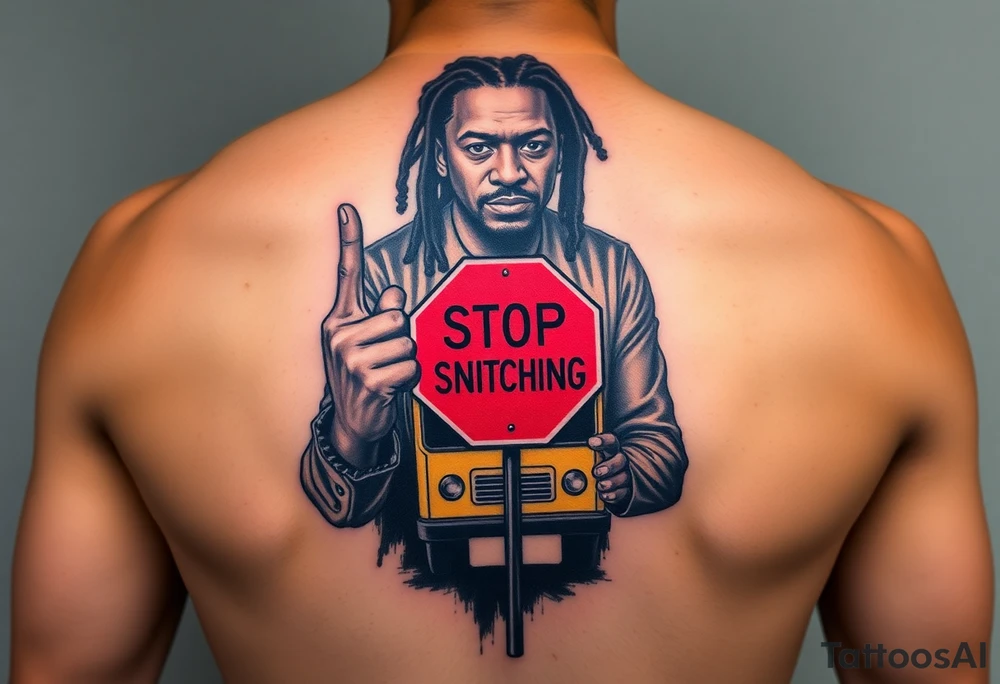 mac dre
s standing in front of him with one hand vertically and one horrizonal in the shape of a T standing of a short bus with a stop sign that says STOP SNITCHING tattoo idea