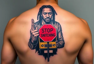 mac dre
s standing in front of him with one hand vertically and one horrizonal in the shape of a T standing of a short bus with a stop sign that says STOP SNITCHING tattoo idea