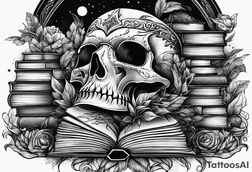Stack of books surrounded by fantasy tattoo idea