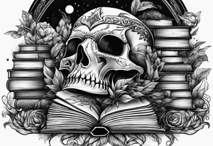 Stack of books surrounded by fantasy tattoo idea