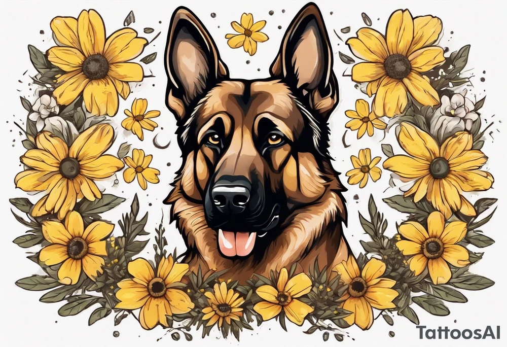 Brown German shepherd portrait surrounded by yellow daisies tattoo idea