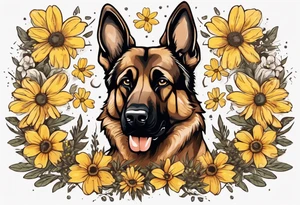Brown German shepherd portrait surrounded by yellow daisies tattoo idea