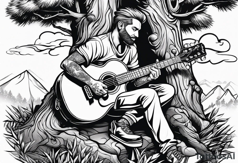 a cartoon drawing of a man sitting in a pine tree playing electric guitrar tattoo idea
