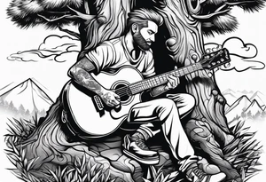 a cartoon drawing of a man sitting in a pine tree playing electric guitrar tattoo idea