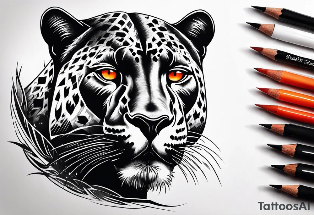 Facial of panther with red-orange eyes tattoo idea