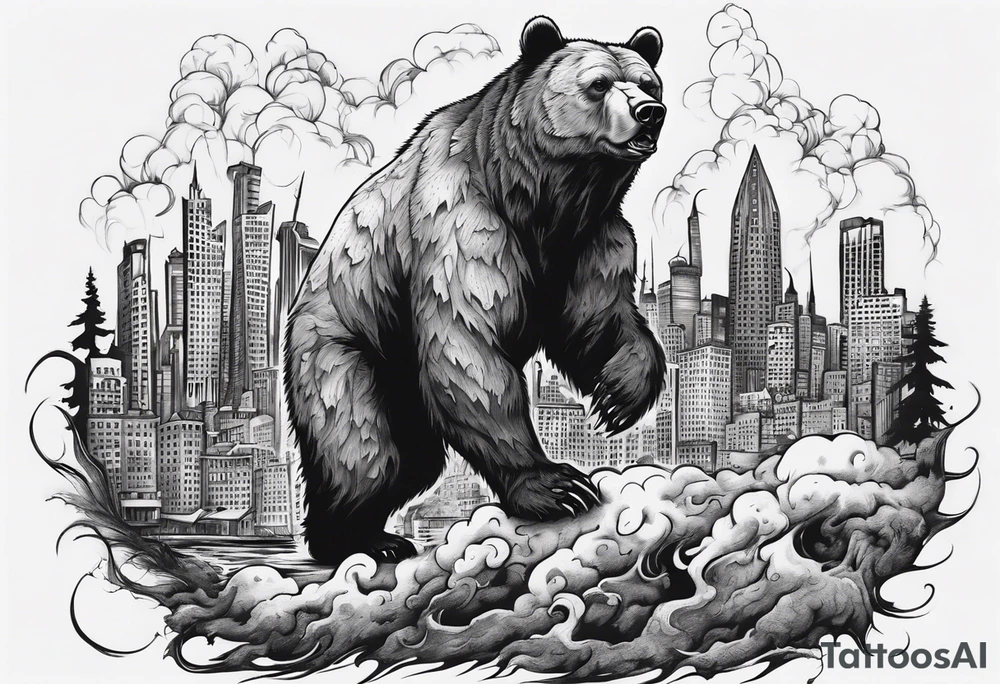 Serious bear coming up behind a city tattoo idea