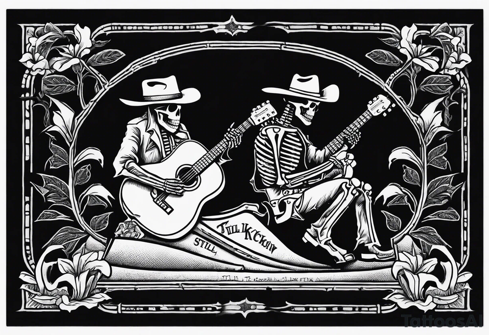 A skeleton with a cowboy hat on playing the guitar while sitting on a gravestone engraved with the words "Still Kickin'" and a pair of cowboy boots. The skeleton should be all bones and the sole should be more similar to a flash tattoo tattoo idea