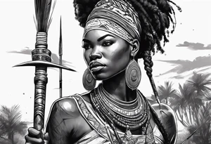 African woman warrior holding spear with deadlocks and earrings. With African setting in the background tattoo idea