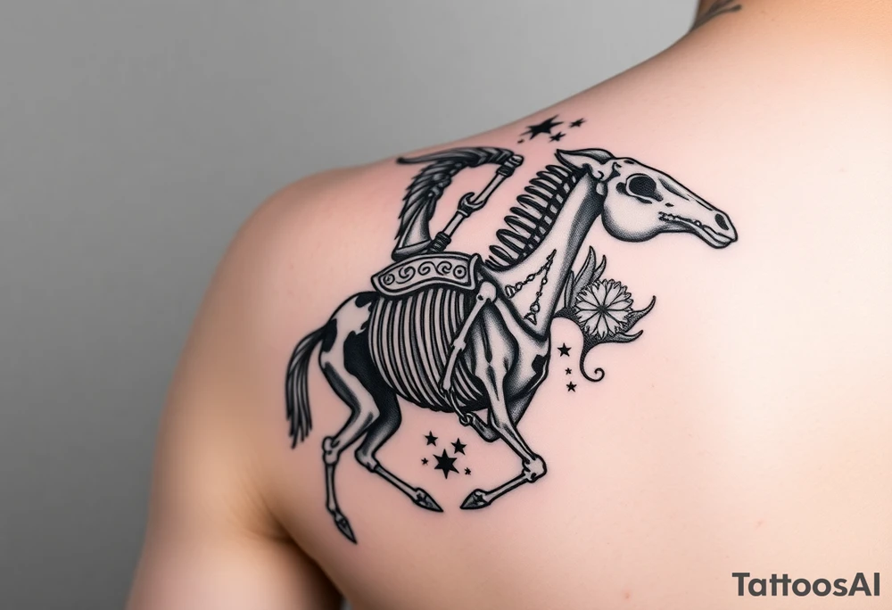 cowboy skeleton riding the horse skeleton on bicep, sized to fill most of the outer bicep. mountain/longhorn skull over the shoulder cap. Dill with (stars, dots, and desert plants) tattoo idea