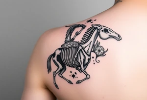 cowboy skeleton riding the horse skeleton on bicep, sized to fill most of the outer bicep. mountain/longhorn skull over the shoulder cap. Dill with (stars, dots, and desert plants) tattoo idea