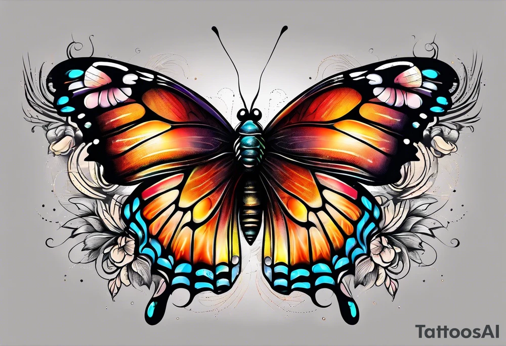 butterfly with one wing black scribbles, the other wing beautiful and colorful, the body has the date 1.9.2023 and the words written "I chose to live." tattoo idea