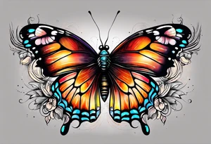 butterfly with one wing black scribbles, the other wing beautiful and colorful, the body has the date 1.9.2023 and the words written "I chose to live." tattoo idea