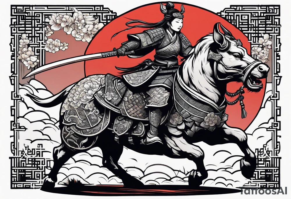 Rat in the style of a shogun warrior princess, riding an armored war ox, front facing tattoo idea