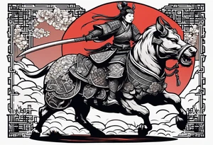 Rat in the style of a shogun warrior princess, riding an armored war ox, front facing tattoo idea