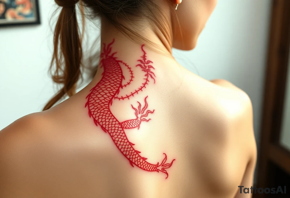 Big red chinese dragon along spine tattoo idea