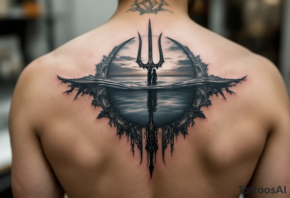 trident half way under calm water at sunset with woman tattoo idea