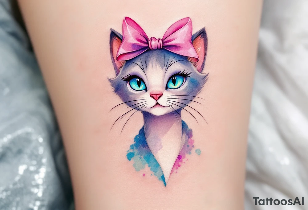 The Aristocats’ most ladylike cat, Marie with two pink bows, shines in this pink-accented watercolor tattoo. tattoo idea