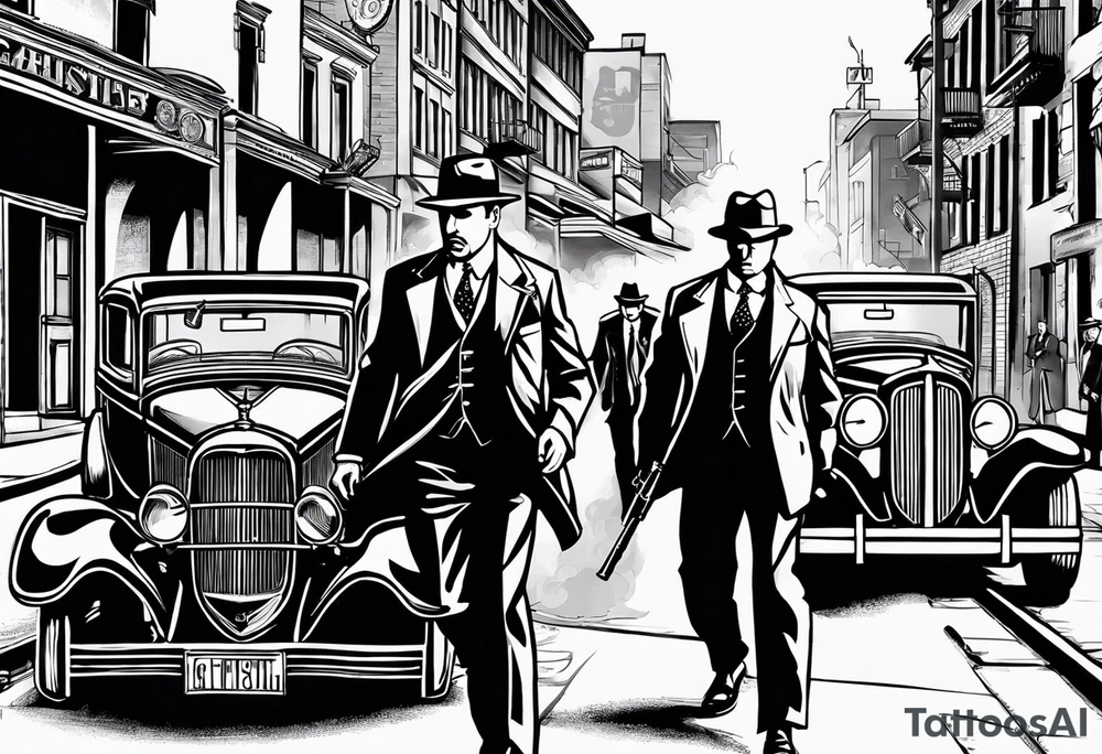 untouchables style gangsters fighting on a 1930s city street, Al capone, bugsy segal, bonnie and clyde, include machine guns, smoke and fire tattoo idea