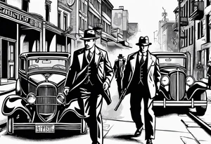 untouchables style gangsters fighting on a 1930s city street, Al capone, bugsy segal, bonnie and clyde, include machine guns, smoke and fire tattoo idea