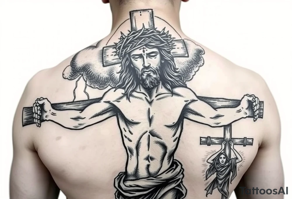 Jesus on the cross with the crown of thorn, blood dripping, the dark clouds above with lightining, the rod that was piereced in his stomach and the people watchig and the two other thieves beside Jesus on their own cross tattoo idea