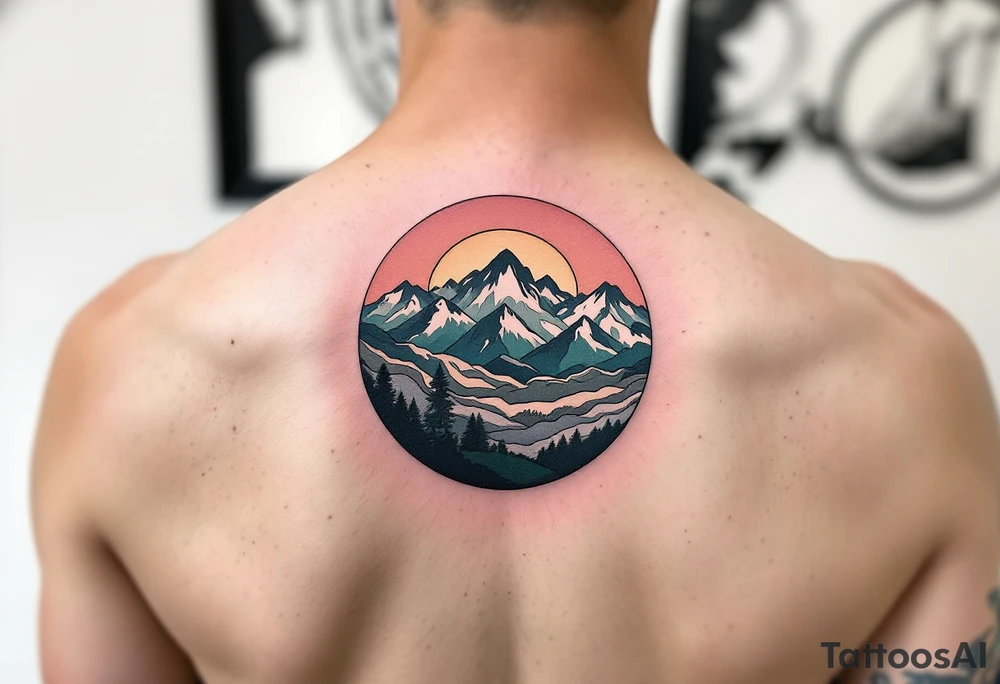A circle filled with gradient mountain layers in tones of gray, navy, and moss green. tattoo idea