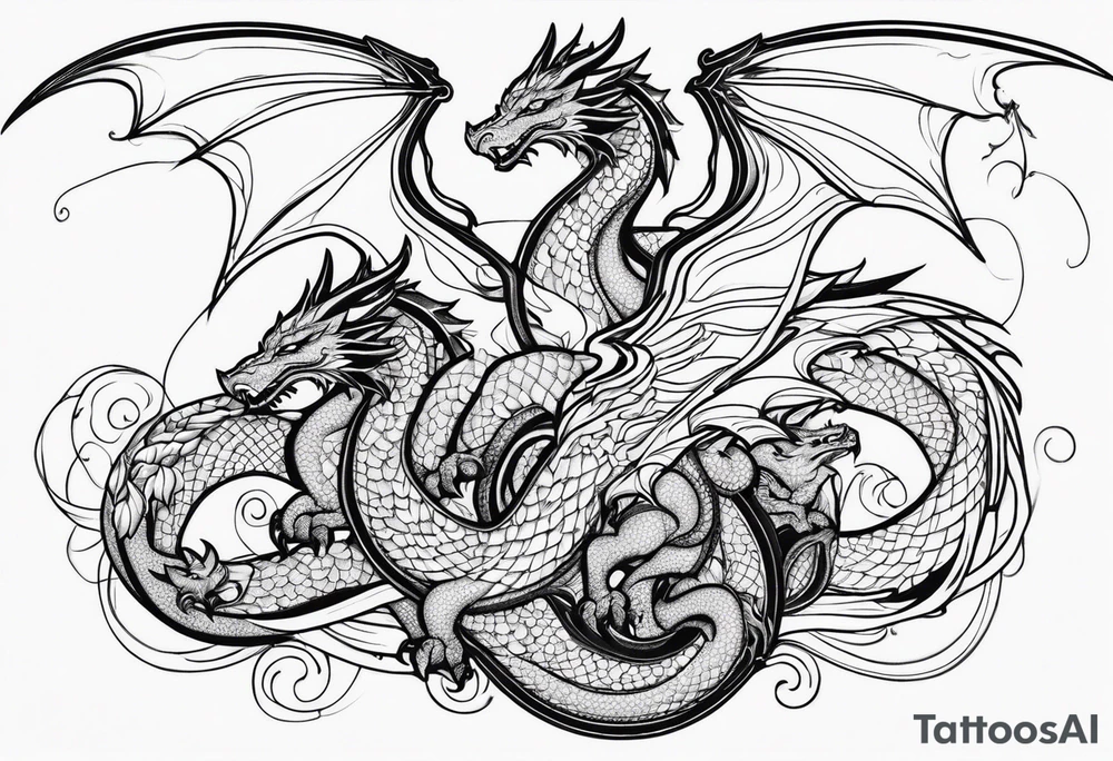 Mother dragon protecting 3 young dragons wings spread tattoo idea