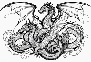 Mother dragon protecting 3 young dragons wings spread tattoo idea