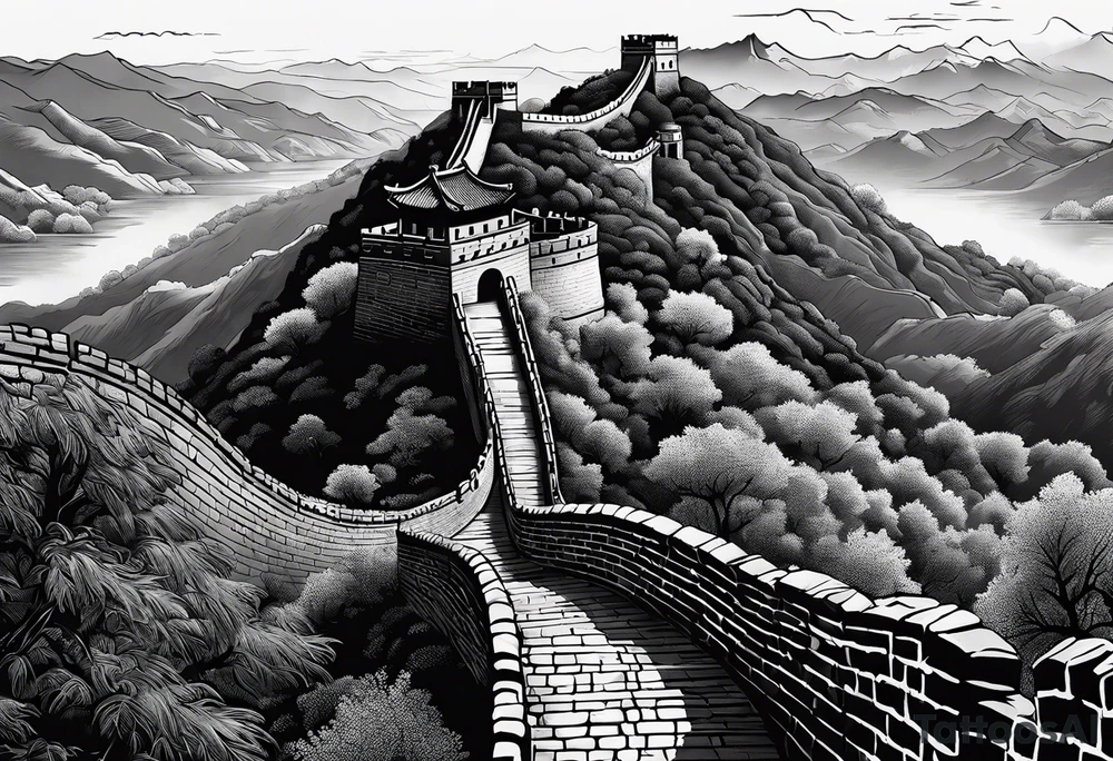 Great Chinese wall, realistic, art, gezeichnet, fine line, black and grey, man tattoo idea