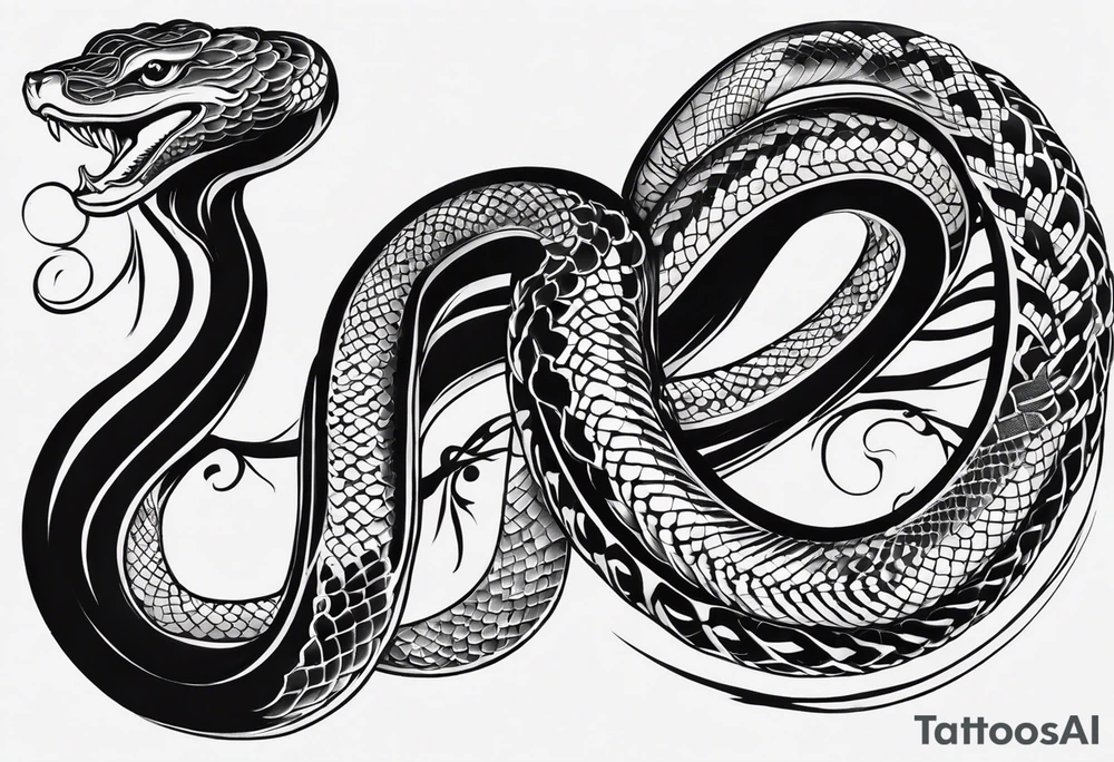 Simple Double head snake tattoo for placement going downwards along the spine in japanese style to symbolise a journey of healing and transformation with reference to being a twin tattoo idea