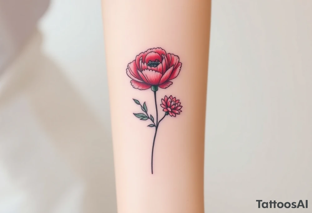 Pink peony deep red rose red poppy pink carnation outline tied with a ribbon tattoo idea