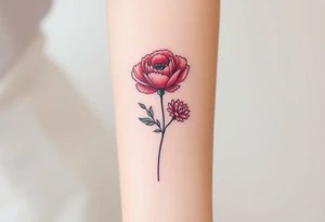 Pink peony deep red rose red poppy pink carnation outline tied with a ribbon tattoo idea