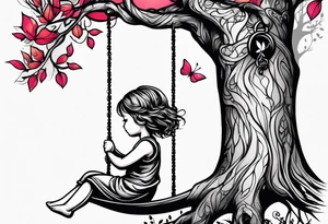 little girl swinging under a tree of life tattoo idea