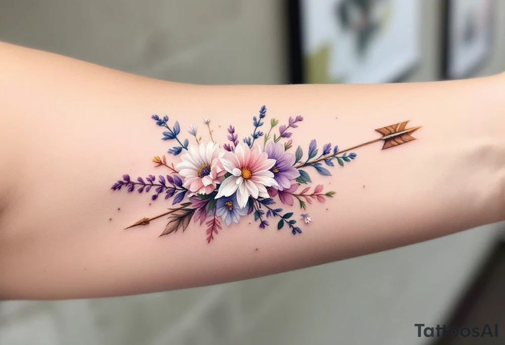 A wooden bow with a delicate set of wildflowers (like lavender and daisies) intertwined in the string. The bow is shaded in earthy browns, and the flowers have soft purple, pink, and white hues, symbolizing Sagittarius’ love for nature and beauty. The arrow has a subtle golden shimmer. tattoo idea
