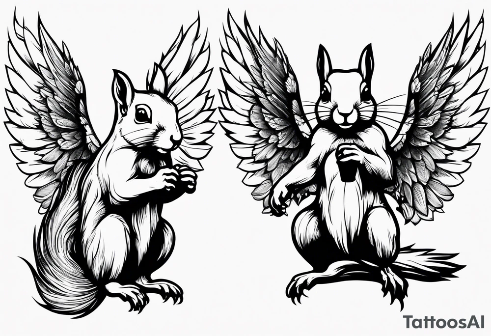 Squirrel with angel wings holding a nut tattoo idea