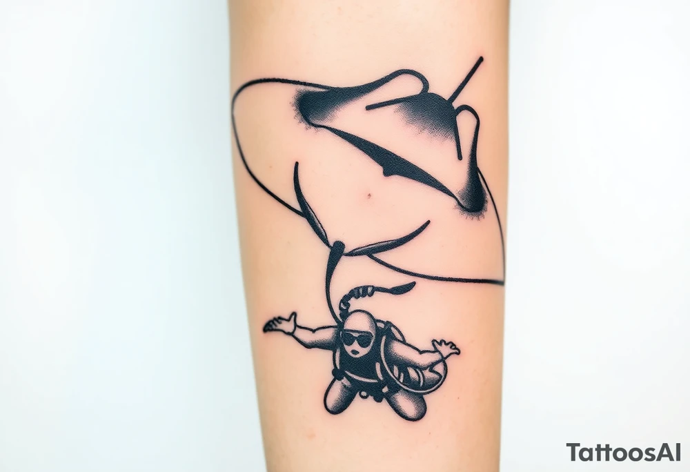 Manta ray silhouette above, scuba diver underneath, water backround tattoo idea