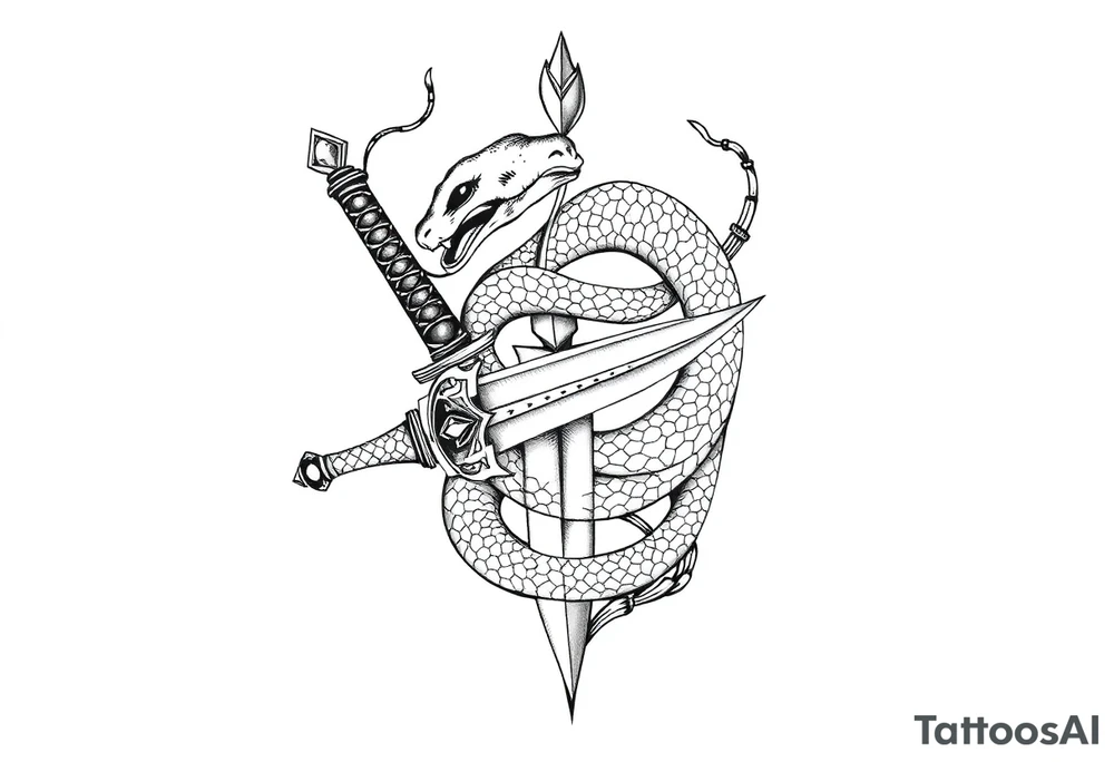 mystical snake coiled around an ancient dagger with jeweled hilt tattoo idea